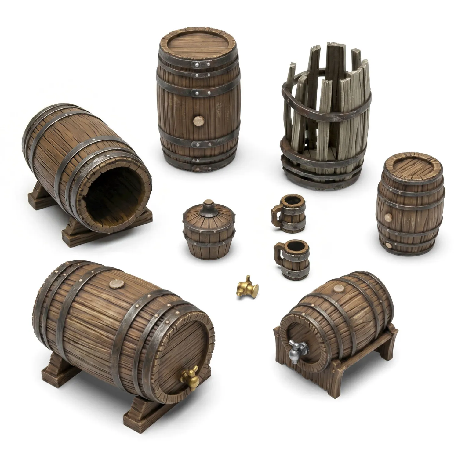 Green Stuff World: 3D Printed Resin Set - Wooden Barrels (7) (1:35)